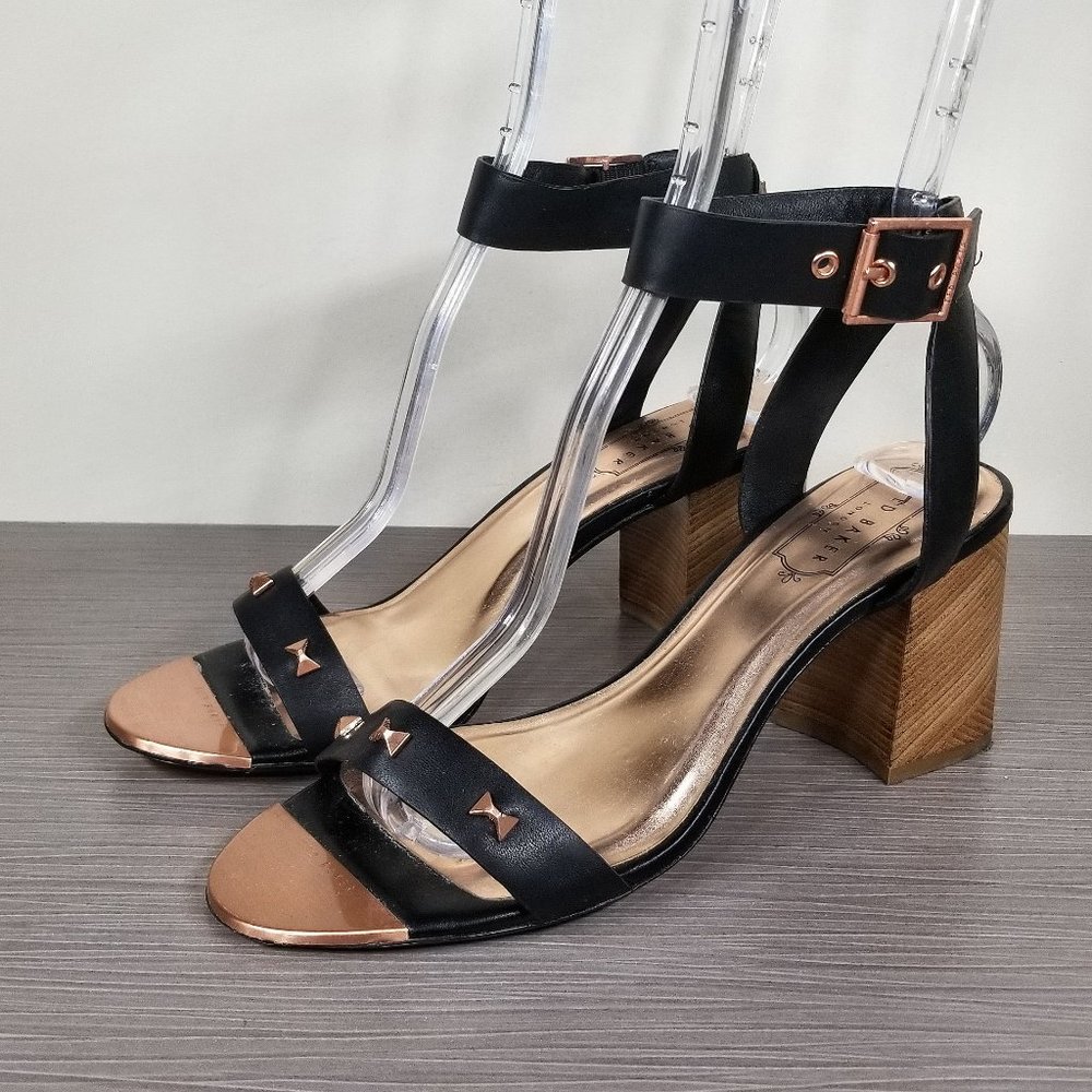 Ted Baker Biah Studded Block Heel Sandals, Black Leather, Womens Size 7.5 M / 38